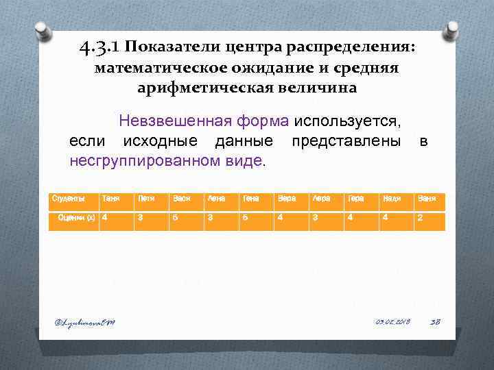 4. 3. 1 Показатели центра распределения: математическое ожидание и средняя арифметическая величина Невзвешенная форма