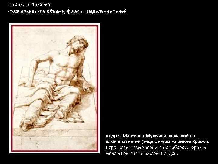 Штрих, штриховка: -подчеркивание объема, формы, выделение теней. Андреа Мантенья. Мужчина, лежащий на каменной плите