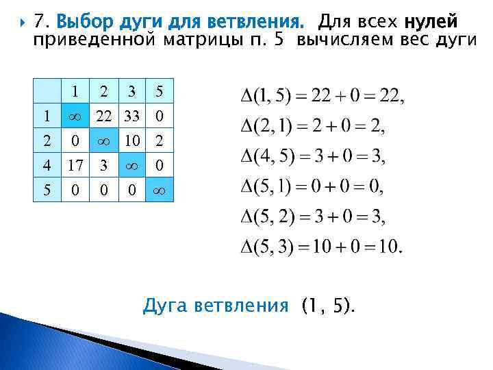  7. Выбор дуги для ветвления. Для всех нулей приведенной матрицы п. 5 вычисляем