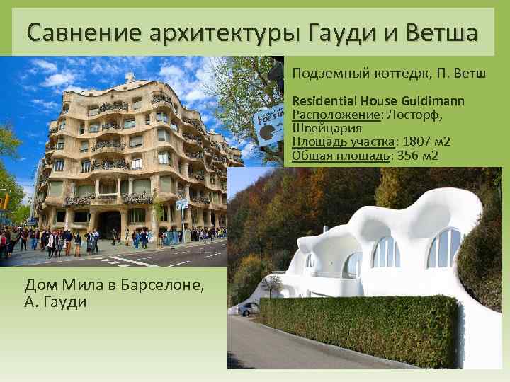 Савнение архитектуры Гауди и Ветша Подземный коттедж, П. Ветш Residential House Guldimann Расположение: Лосторф,