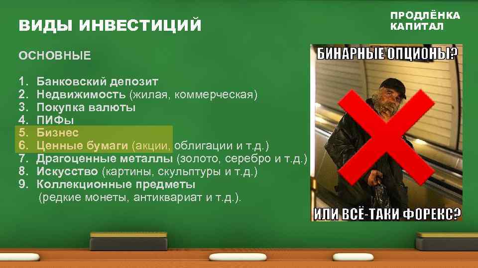 ВИДЫ ИНВЕСТИЦИЙ ОСНОВНЫЕ 1. 2. 3. 4. 5. 6. 7. 8. 9. Банковский депозит