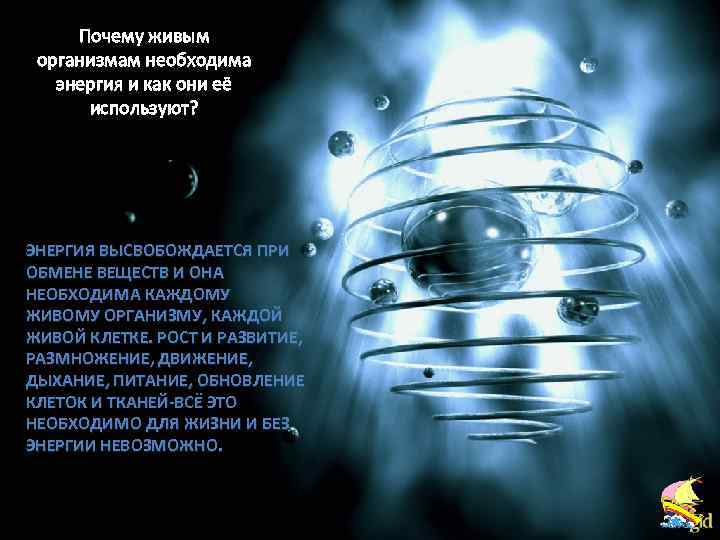 Почему живым организмам необходима энергия и как они её используют? ЭНЕРГИЯ ВЫСВОБОЖДАЕТСЯ ПРИ ОБМЕНЕ