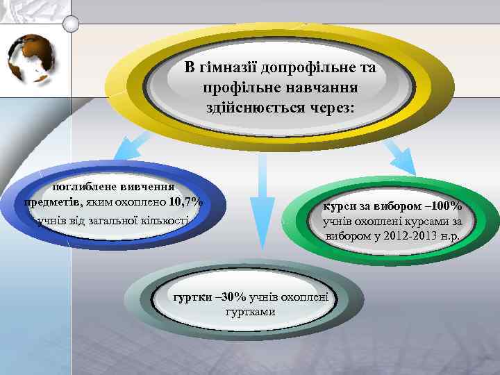 В гімназії допрофільне та профільне навчання здійснюється через: поглиблене вивчення предметів, яким охоплено 10,