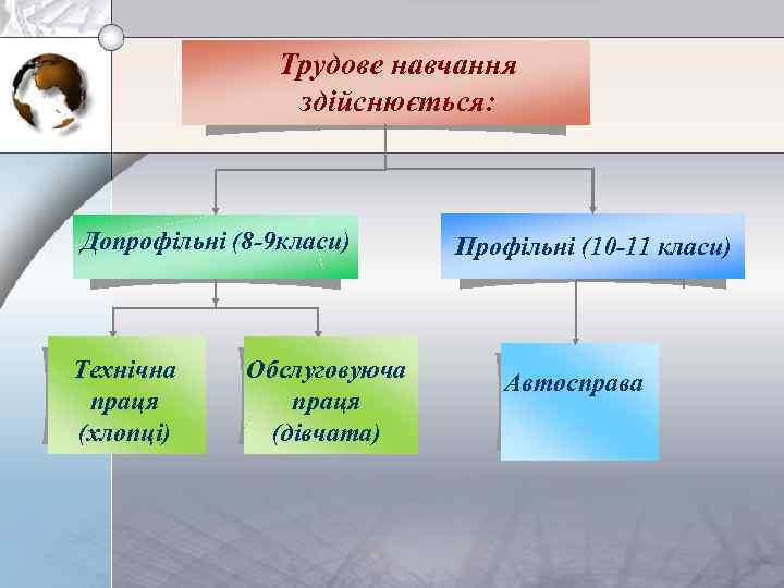 Трудове навчання здійснюється: Допрофільні (8 -9 класи) Технічна праця (хлопці) Обслуговуюча праця (дівчата) Профільні