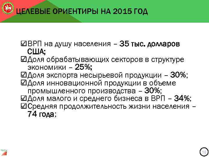 ЦЕЛЕВЫЕ ОРИЕНТИРЫ НА 2015 ГОД ВРП на душу населения – 35 тыс. долларов США;