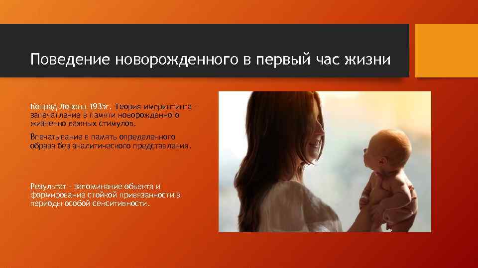 Поведение новорожденного в первый час жизни Конрад Лоренц 1935 г. Теория импринтинга – запечатление