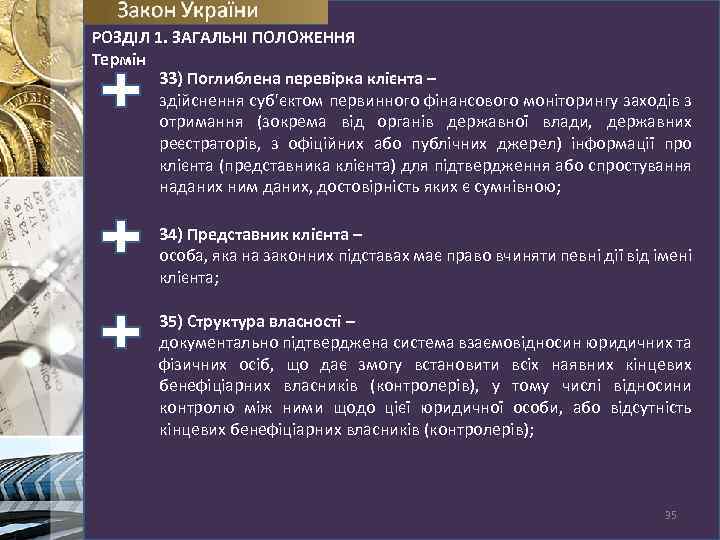 РОЗДІЛ 1. ЗАГАЛЬНІ ПОЛОЖЕННЯ Термін 33) Поглиблена перевірка клієнта – здійснення суб'єктом первинного фінансового