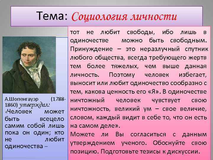 Тема: Социология личности А. Шопенгауэр (17881860) утверждал: «Человек может быть всецело самим собой лишь