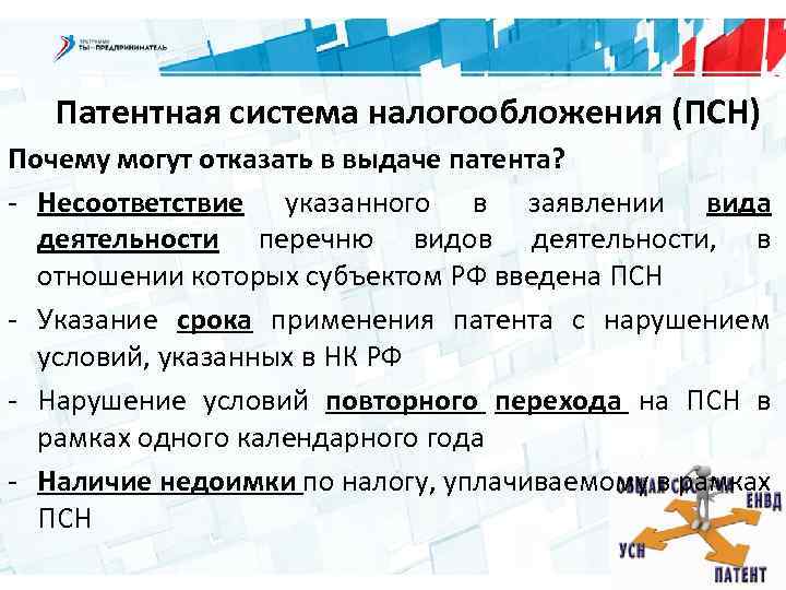 Патентная система налогообложения (ПСН) Почему могут отказать в выдаче патента? - Несоответствие указанного в