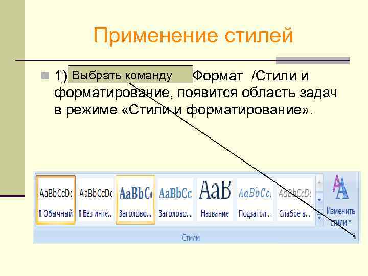 Применение стилей Выбрать команду n 1) Выбрать команду Формат /Стили и форматирование, появится область