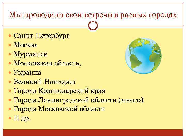 Мы проводили свои встречи в разных городах Санкт-Петербург Москва Мурманск Московская область, Украина Великий