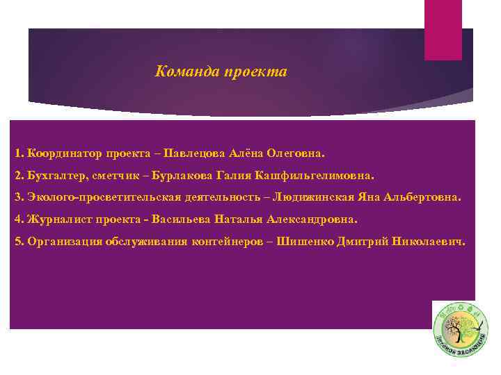 Команда проекта 1. Координатор проекта – Павлецова Алёна Олеговна. 2. Бухгалтер, сметчик – Бурлакова