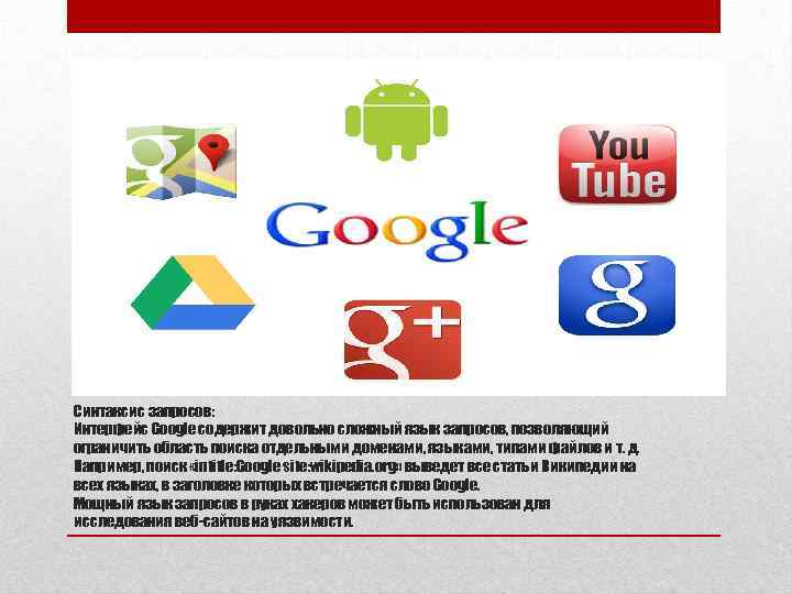 Синтаксис запросов: Интерфейс Google содержит довольно сложный язык запросов, позволяющий ограничить область поиска отдельными
