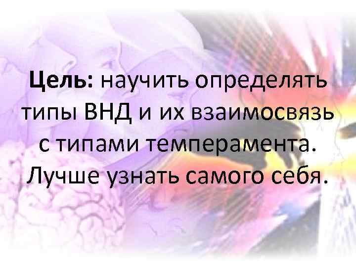 Цель: научить определять типы ВНД и их взаимосвязь с типами темперамента. Лучше узнать самого