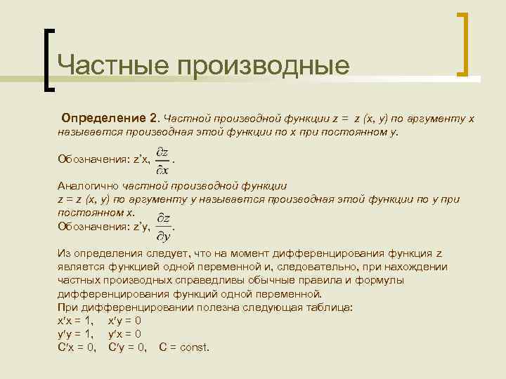 Частные производные Определение 2. Частной производной функции z = z (x, y) по аргументу