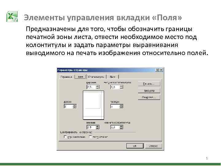 Элементы управления вкладки «Поля» Предназначены для того, чтобы обозначить границы печатной зоны листа, отвести