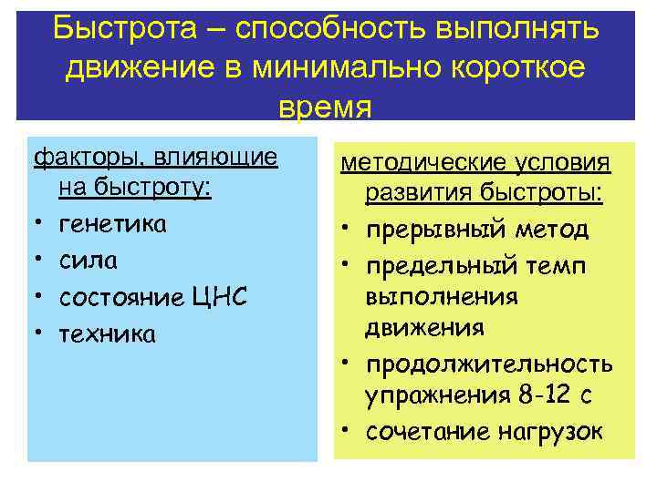 Быстрота – способность выполнять движение в минимально короткое время факторы, влияющие на быстроту: •