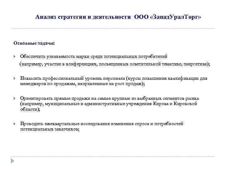 Анализ стратегии и деятельности ООО «Запад. Урал. Торг» Основные задачи: Обеспечить узнаваемость марки среди