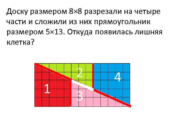 Разрезать на четыре части. Задачи на разрезание и складывание фигур. Доску 8 на 8 разрезали на 4 части и сложили из них прямоугольник. Прямоугольник разрезанный на 8 частей.