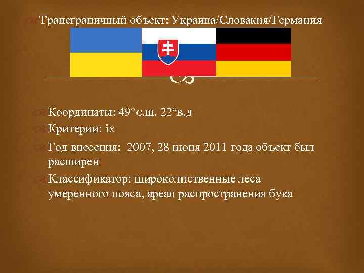  Трансграничный объект: Украина/Словакия/Германия Координаты: 49°С. Ш. 22°В. Д Критерии: ix Год внесения: 2007,