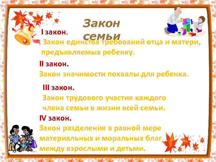 Закон I закон. семьи Закон единства требований отца и матери, предъявляемых ребенку. II закон.