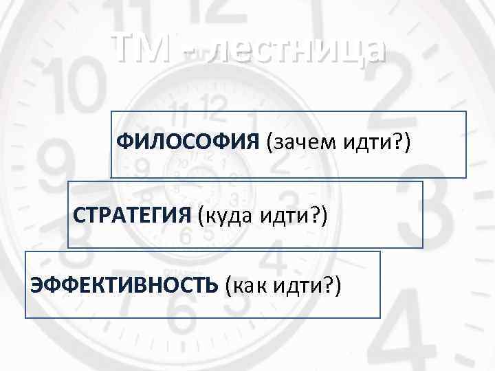 ТМ - лестница ФИЛОСОФИЯ (зачем идти? ) СТРАТЕГИЯ (куда идти? ) ЭФФЕКТИВНОСТЬ (как идти?