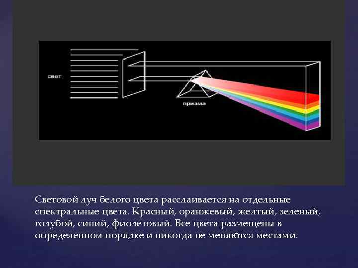 Световой луч белого цвета расслаивается на отдельные спектральные цвета. Красный, оранжевый, желтый, зеленый, голубой,