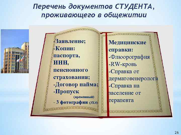 Перечень документов СТУДЕНТА, проживающего в общежитии -Заявление; -Копии: паспорта, ИНН, пенсионного страхования; -Договор найма;