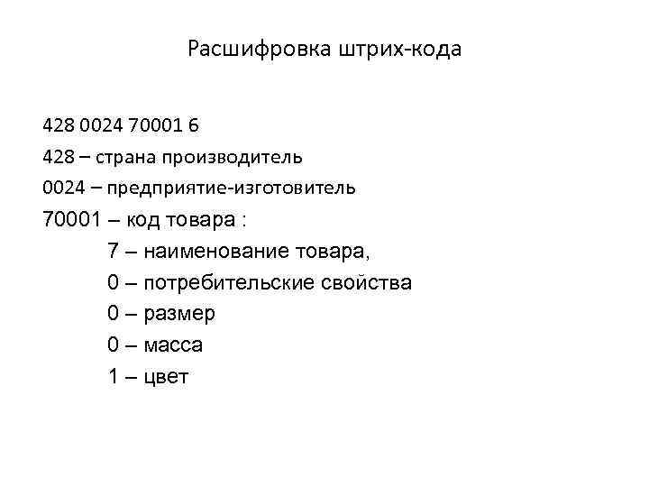 Расшифровка штрих-кода 428 0024 70001 6 428 – страна производитель 0024 – предприятие-изготовитель 70001