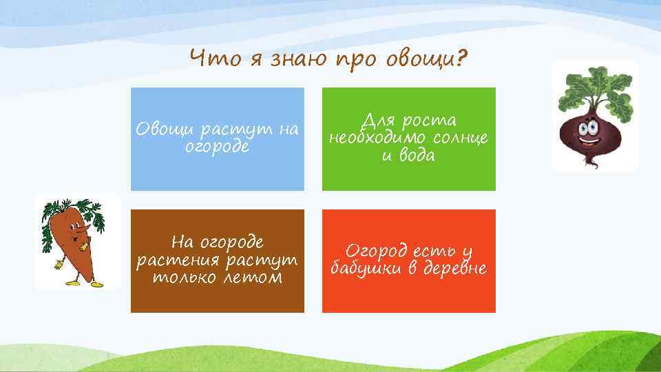 Что я знаю про овощи? Овощи растут на огороде Для роста необходимо солнце и