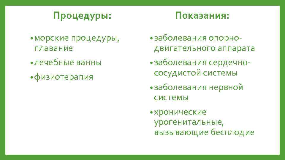 Процедуры: Показания: • морские процедуры, • заболевания опорно- • лечебные ванны • заболевания сердечно-