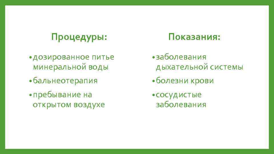 Процедуры: Показания: • дозированное питье • заболевания • бальнеотерапия • болезни крови • пребывание