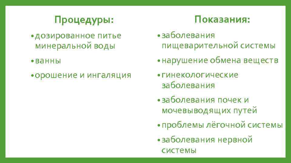 Процедуры: Показания: • дозированное питье • заболевания • ванны • нарушение обмена веществ •