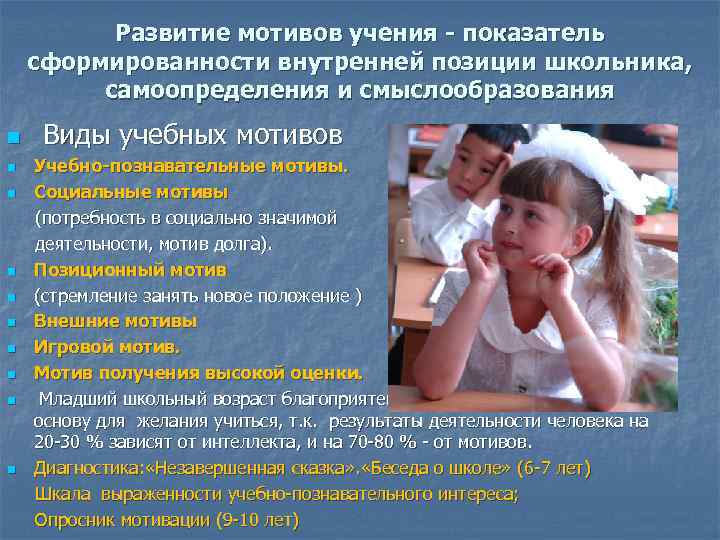 Развитие мотивов учения - показатель сформированности внутренней позиции школьника, самоопределения и смыслообразования n Виды