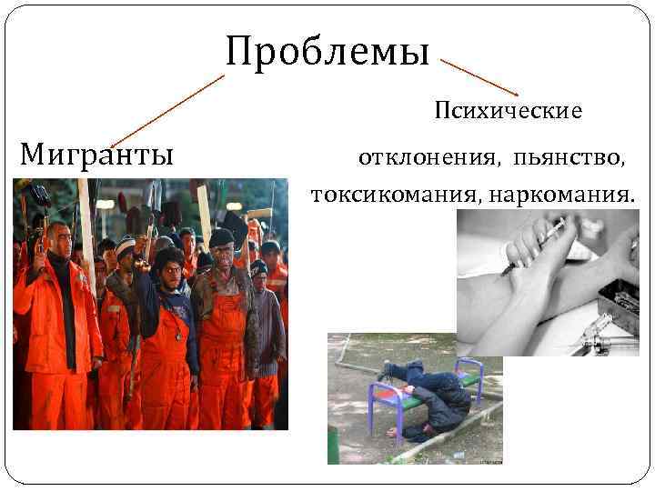 Проблемы Психические Мигранты отклонения, пьянство, токсикомания, наркомания. 
