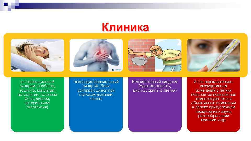 Клиника интоксикационный синдром (слабость, тошнота, миальгии, артральгии, головная боль, диарея, артериальная гипотензия) плевродиафрагмальный синдром