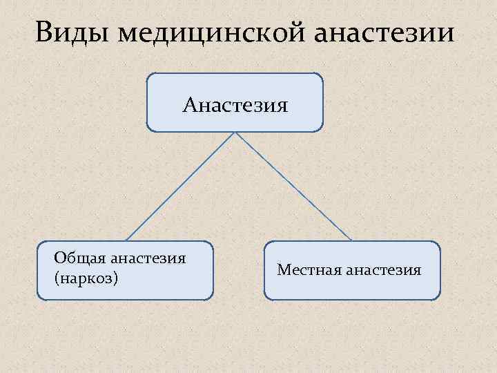 Виды медицинской анастезии Анастезия Общая анастезия (наркоз) Местная анастезия 