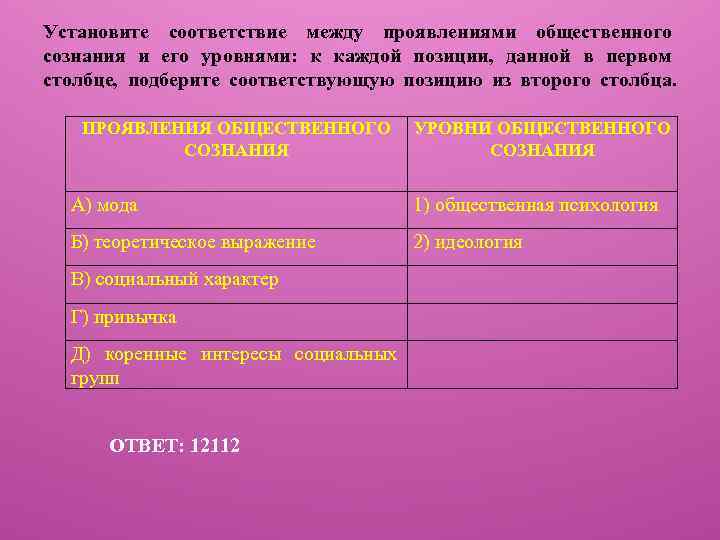 Установите соответствие между проявлениями общественного сознания и его уровнями: к каждой позиции, данной в