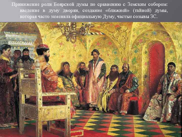 Принижение роли Боярской думы по сравнению с Земским собором: введение в думу дворян, создание