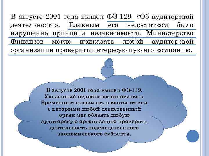 В августе 2001 года вышел ФЗ-129 «Об аудиторской деятельности» . Главным его недостатком было