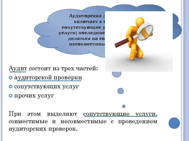 Аудиторская деятельность включает в себя аудит, сопутствующие услуги и прочие услуги; последние, в свою
