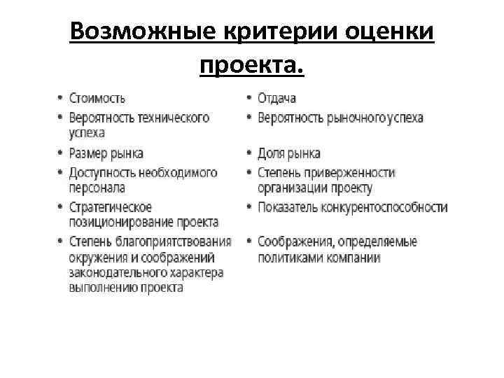 Возможные критерии оценки проекта. 