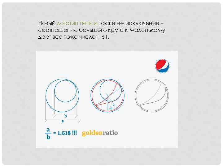 Новый логотип пепси также не исключение соотношение большого круга к маленькому дает все тоже