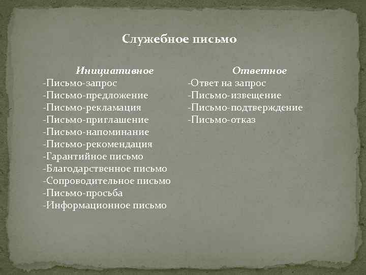 Служебное письмо Инициативное -Письмо-запрос -Письмо-предложение -Письмо-рекламация -Письмо-приглашение -Письмо-напоминание -Письмо-рекомендация -Гарантийное письмо -Благодарственное письмо -Сопроводительное