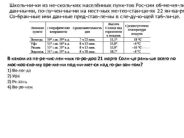 Школь ни ки из не сколь ких населённых пунк тов Рос сии об ме