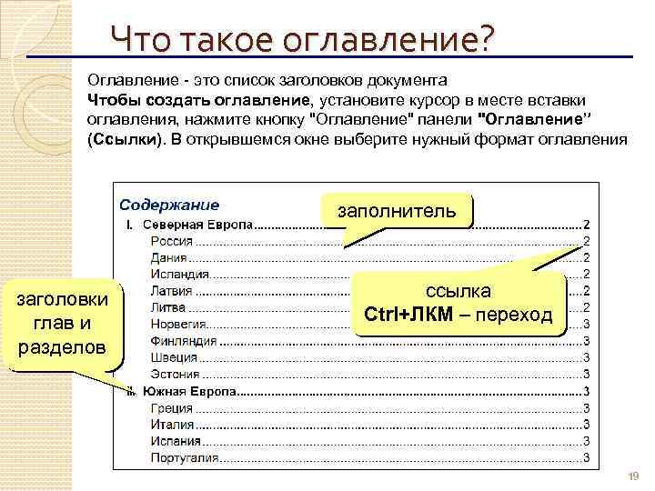 Что такое оглавление? Оглавление - это список заголовков документа Чтобы создать оглавление, установите курсор