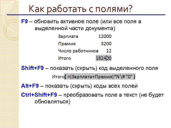 Как работать с полями? F 9 – обновить активное поле (или все поля в