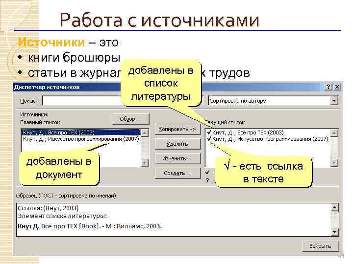 Работа с источниками Источники – это • книги брошюры добавлены в • статьи в