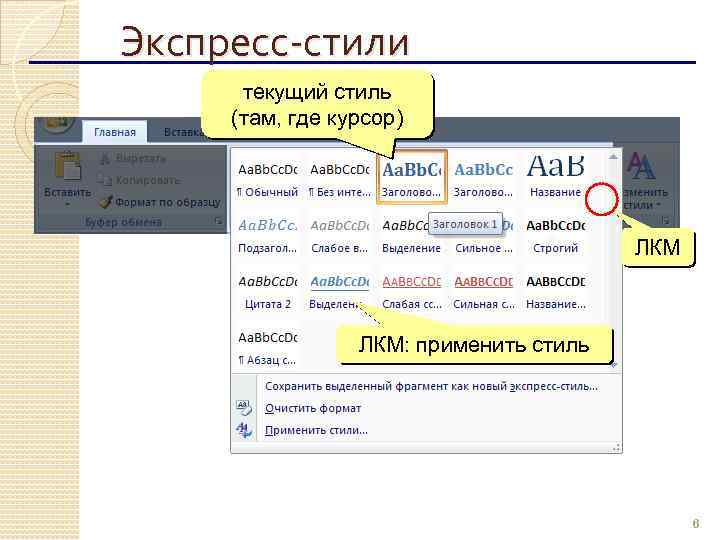 Экспресс-стили текущий стиль (там, где курсор) ЛКМ: применить стиль 6 