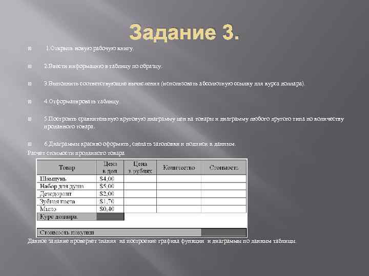 Задание 3. 1. Открыть новую рабочую книгу. 2. Ввести информацию в таблицу по образцу.